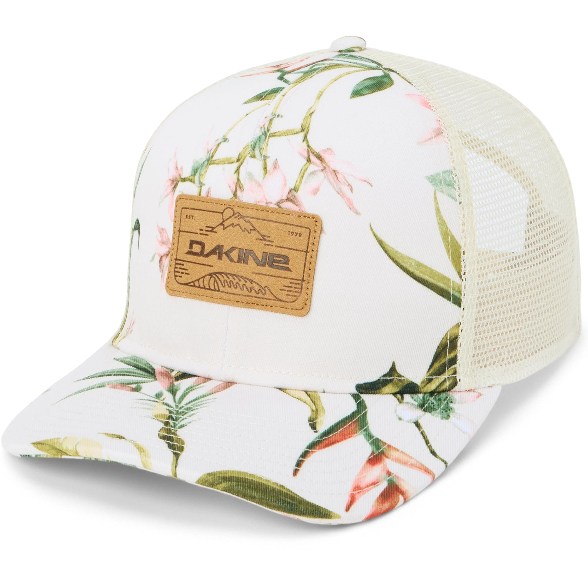 Trucker hat with floral pattern and Dakine logo on a white background