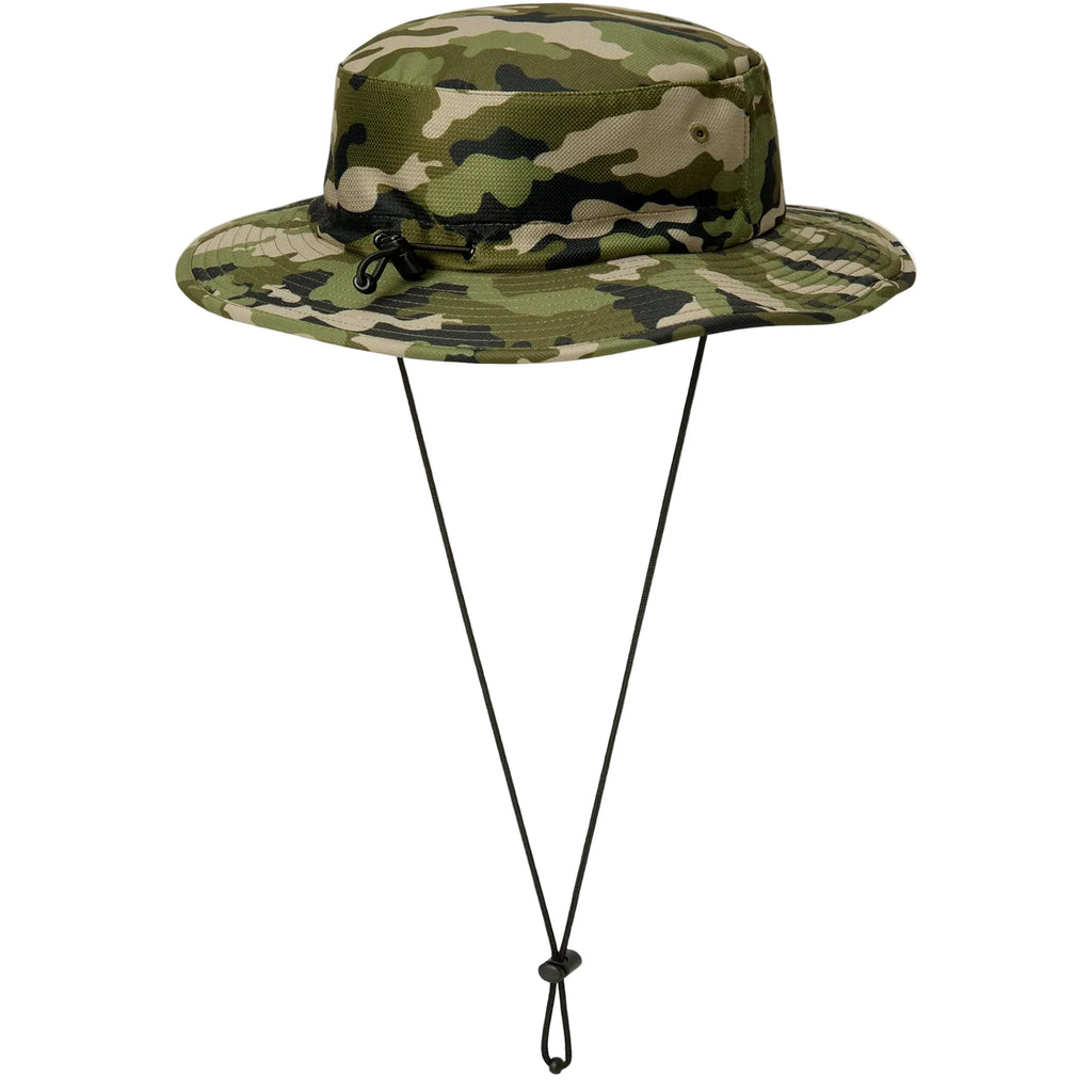 Camouflage bucket hat with chin strap on a white background