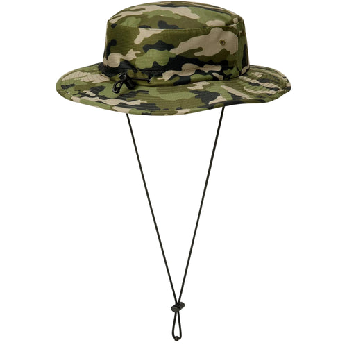 Camouflage bucket hat with chin strap on a white background
