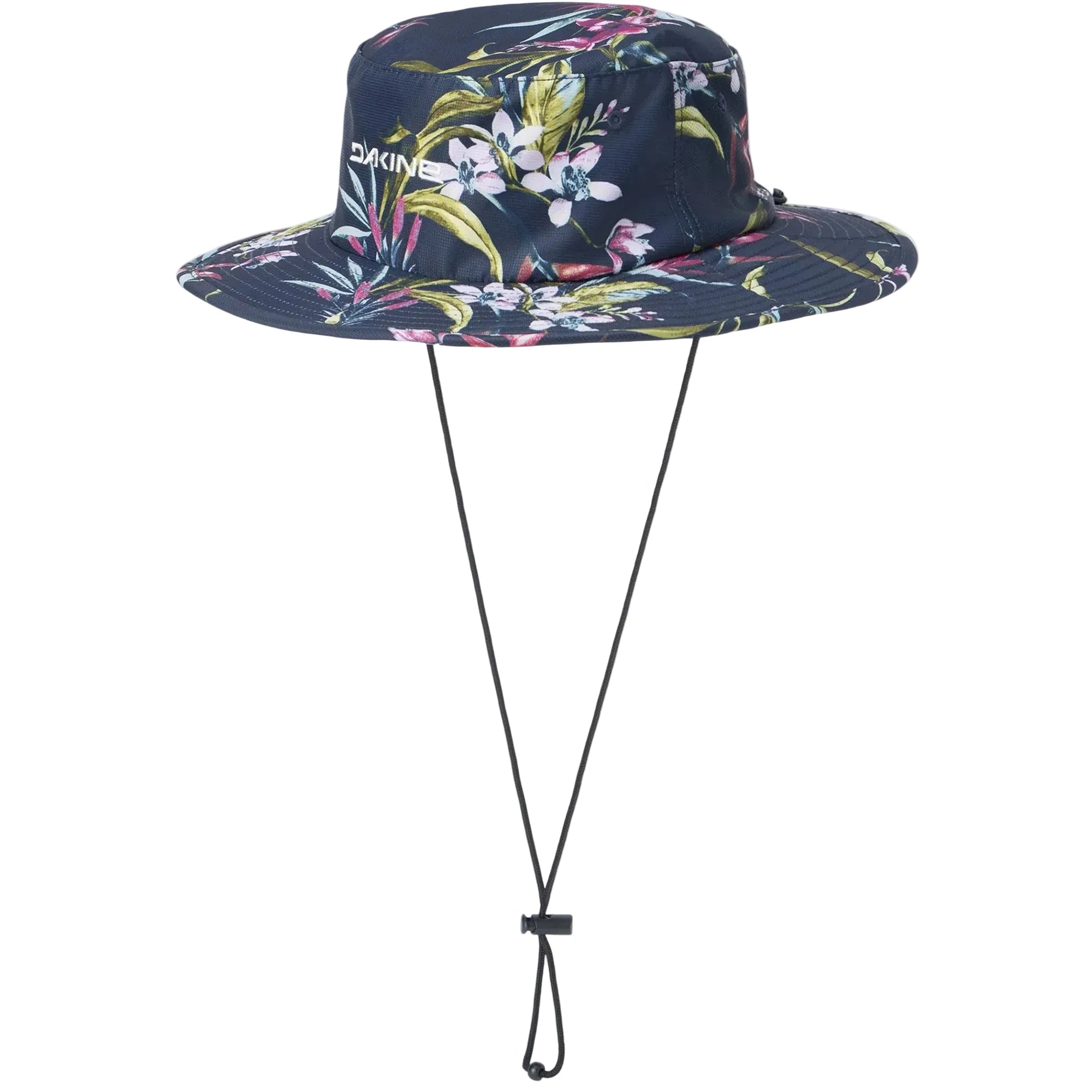 Floral-patterned bucket hat with a brand logo on a white background