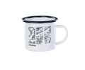 White enamel mug with black rim and leaf pattern on a white background