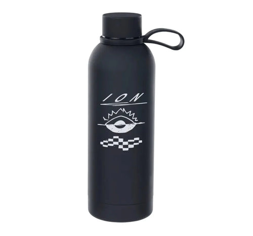 Black water bottle with white logo on a white background