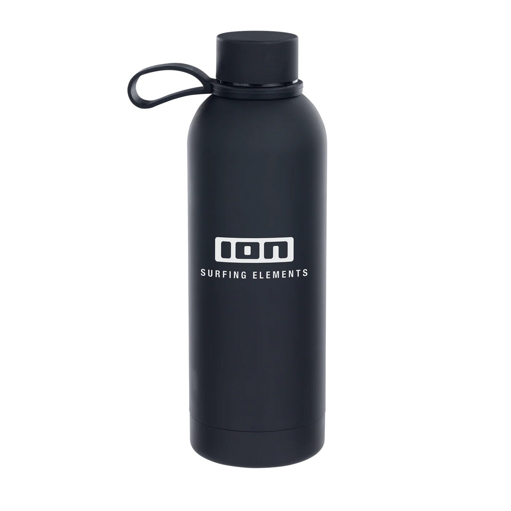 Black water bottle with 'ION Surfing Elements' logo on a white background