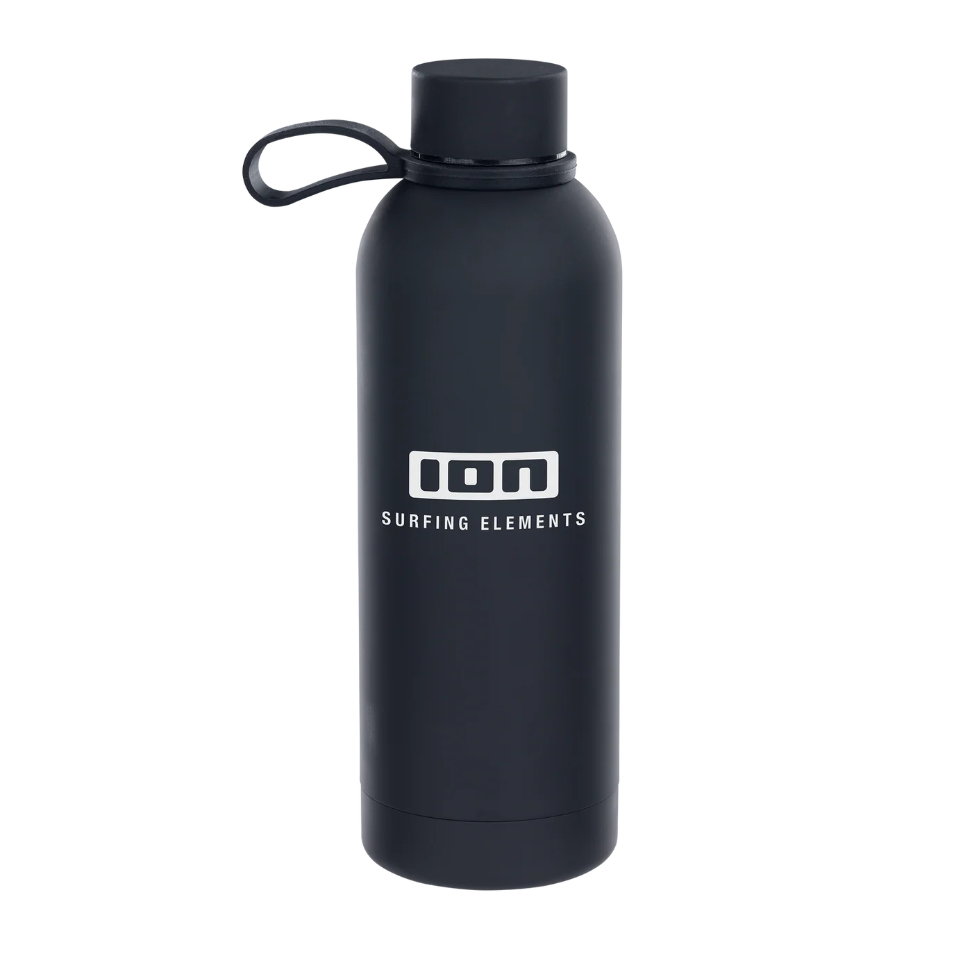 Black water bottle with 'ION Surfing Elements' logo on a white background