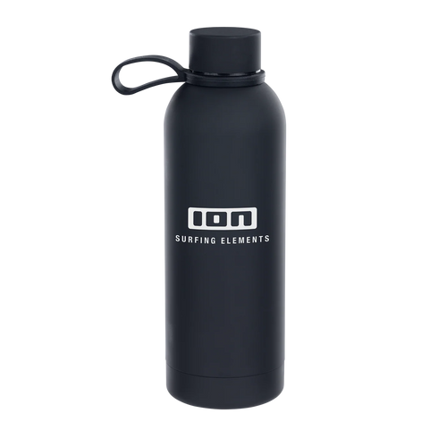 Black water bottle with 'ION Surfing Elements' logo on a white background