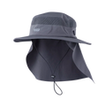 A dark gray wide-brim sun hat with an integrated neck flap and chin strap, featuring a mesh crown and a small white logo on the side, shown against a plain white background.