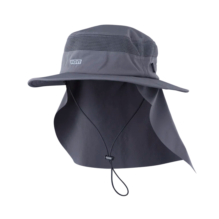 A dark gray wide-brim sun hat with an integrated neck flap and chin strap, featuring a mesh crown and a small white logo on the side, shown against a plain white background.