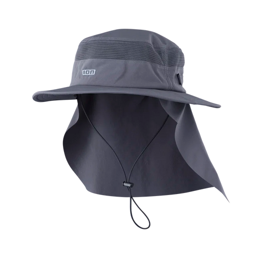 A dark gray wide-brim sun hat with an integrated neck flap and chin strap, featuring a mesh crown and a small white logo on the side, shown against a plain white background.