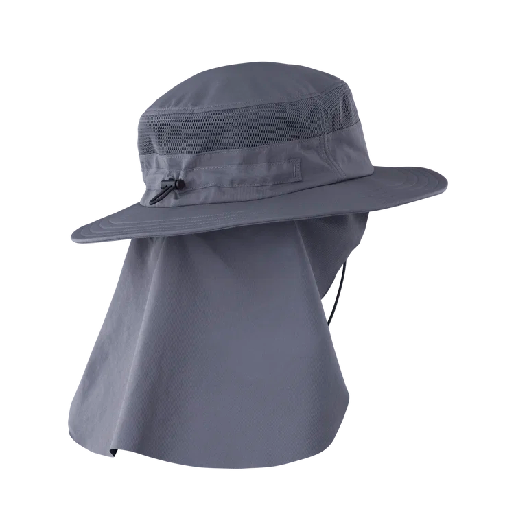 A gray wide-brim sun hat with an attached neck flap and chin cord, shown on a plain white background.