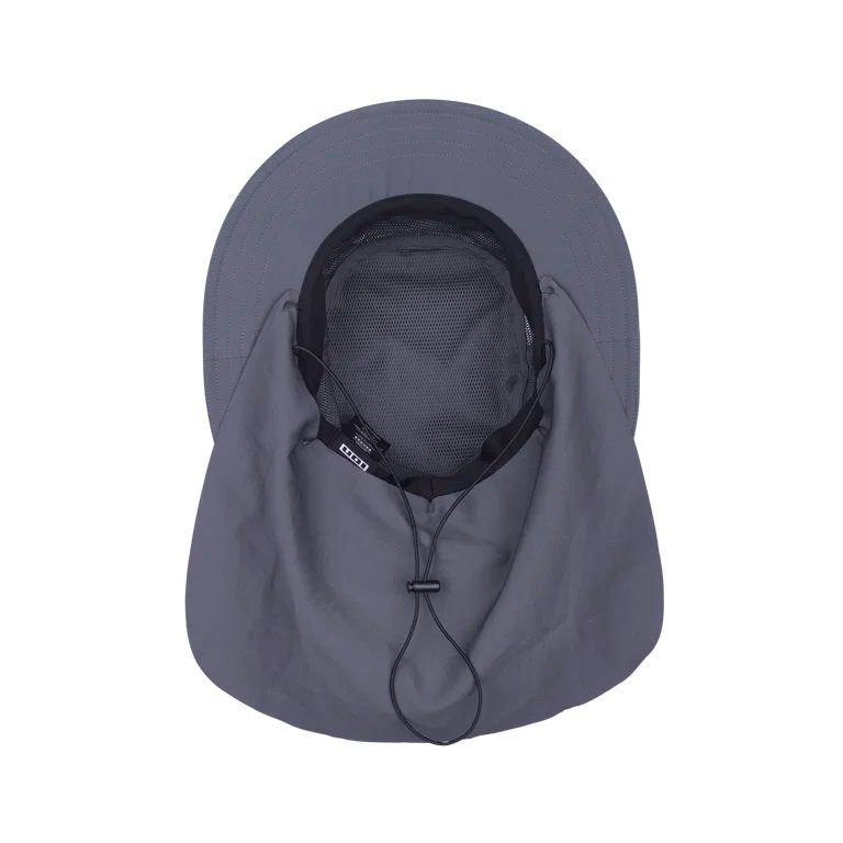 A dark gray wide-brim sun hat with an integrated neck gaiter and drawstring closure, shown from a top-down view on a white background.