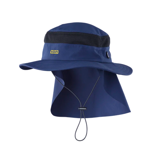 A navy blue sun hat with a built-in neck flap and chin strap, featuring a black mesh band around the crown and a small yellow 'icon' logo on the side, shown against a plain white background.