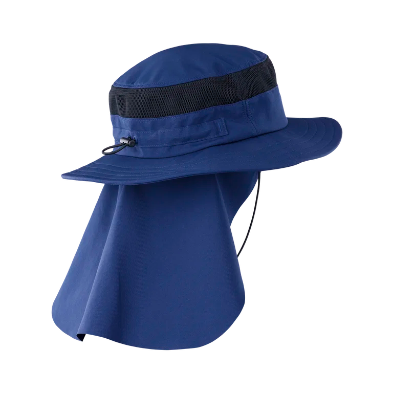 A royal blue wide-brim sun hat with an attached neck flap and a black mesh ventilation band around the crown, shown on a plain white background.