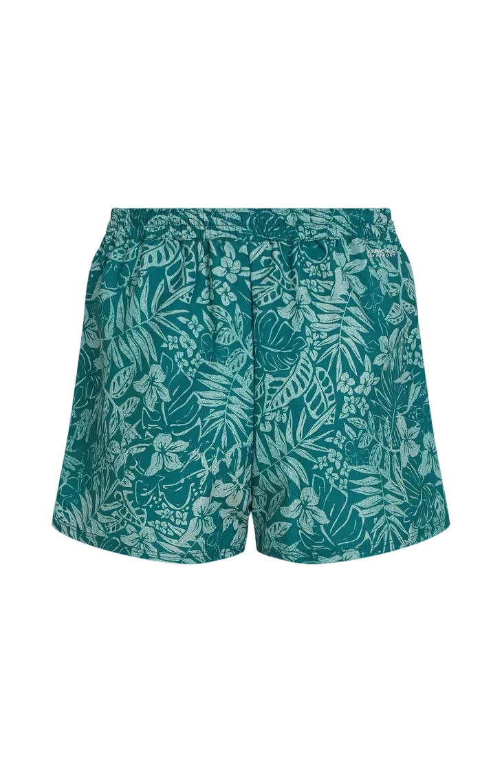 Teal shorts with a leaf pattern on a white background