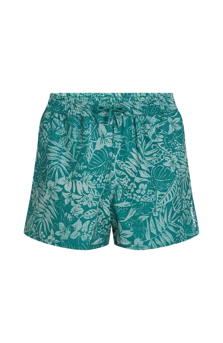 Teal swim shorts with leaf pattern on a white background