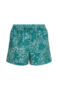 Teal swim shorts with leaf pattern on a white background