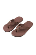 Pair of brown flip-flops on a light gray background