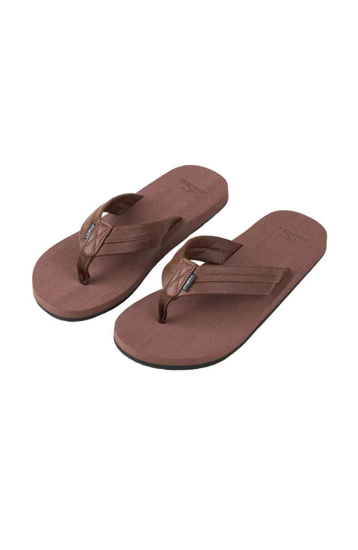 Pair of brown flip-flops on a light gray background