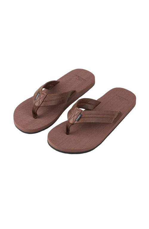 Pair of brown flip-flops on a light gray background