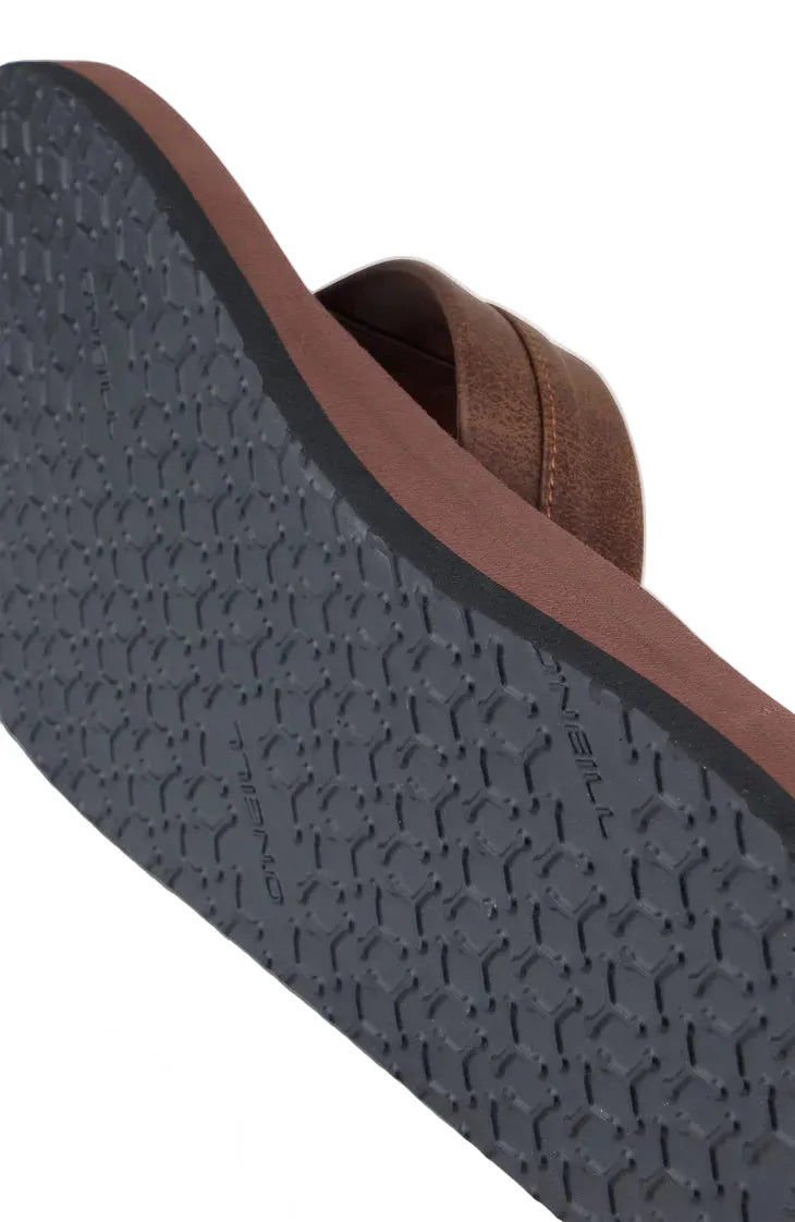 Close-up of a sandal's sole with a textured pattern on a light gray background