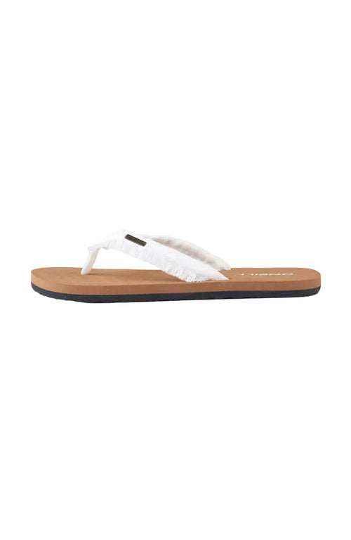 Flip-flop sandal with wooden sole and white strap on a light gray background