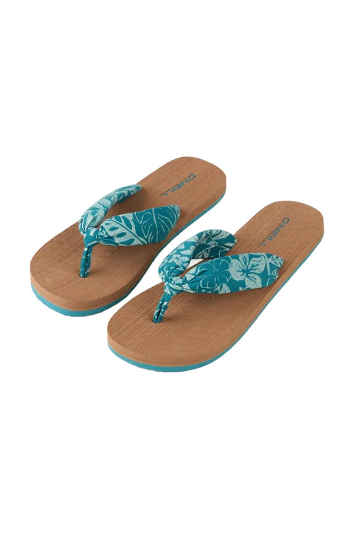 Pair of blue floral flip-flops with brown soles on a light gray background