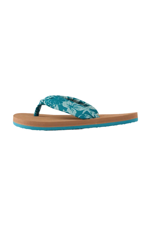 Flip-flop sandal with floral strap on a white background
