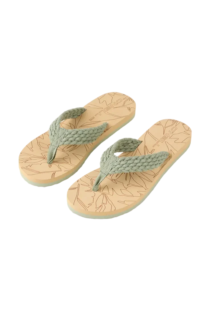 Pair of beige flip-flops with green straps on a light gray background