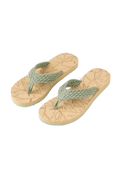 Pair of beige flip-flops with green straps on a light gray background