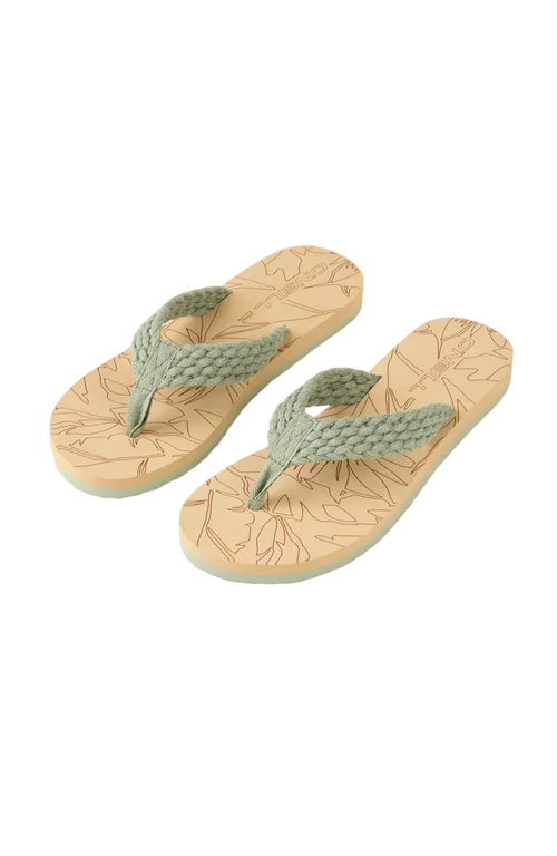Pair of beige flip-flops with green straps on a light gray background