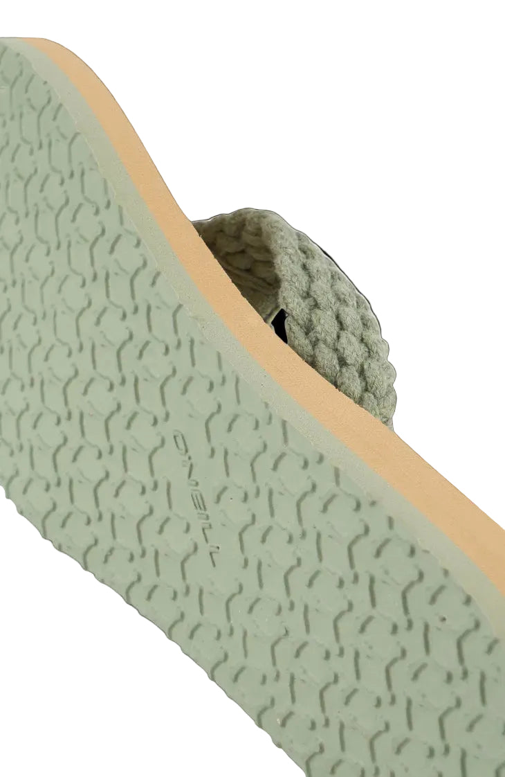 Close-up of a green sandal with a textured sole on a light gray background