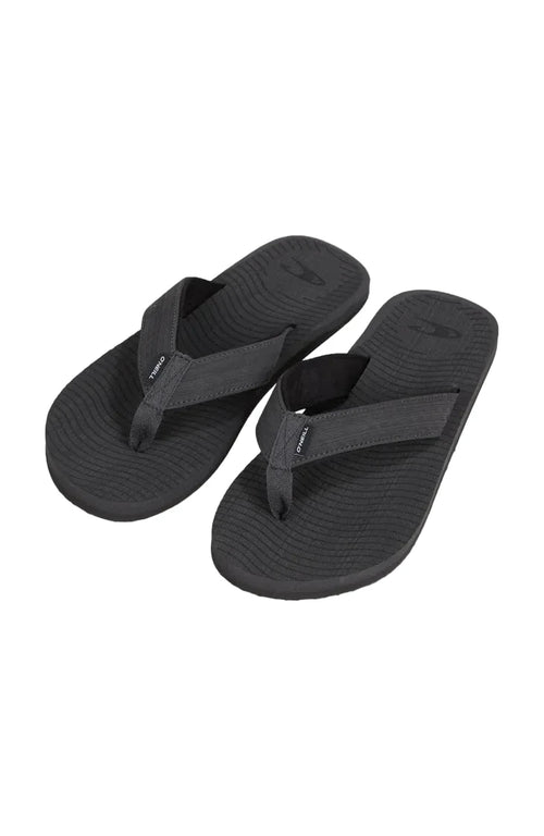 Black flip-flops on a light gray background