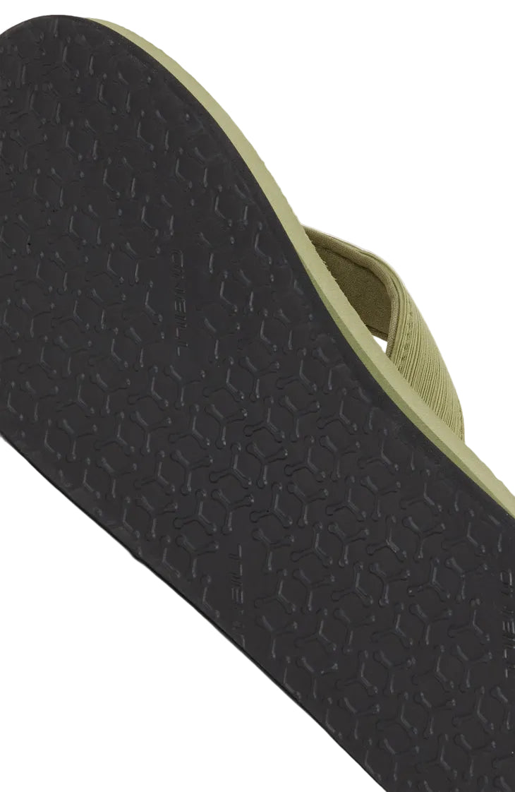 Close-up of a sandal sole with a textured pattern on a light gray background
