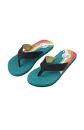 Pair of colorful flip-flops with a brand logo on a light gray background