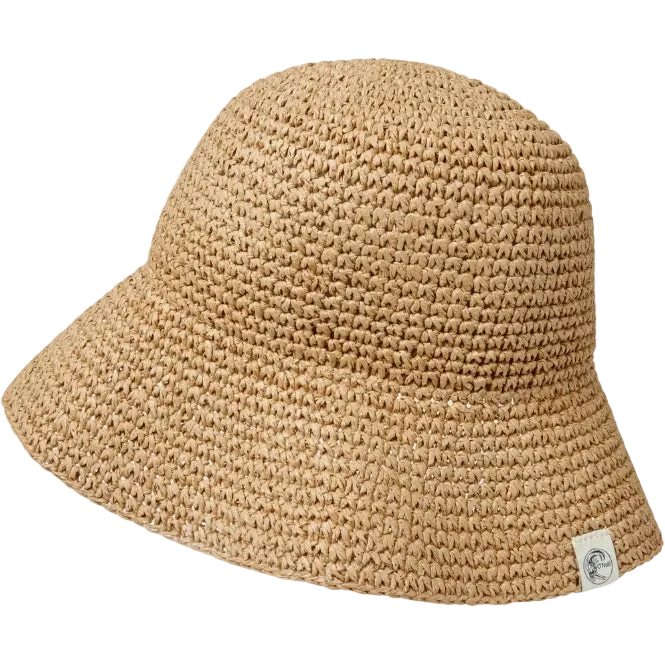 Beige woven bucket hat on a white background