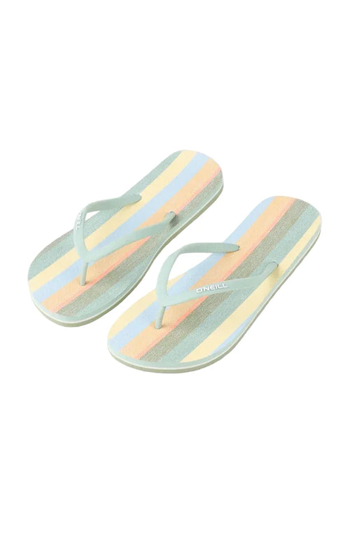 Pair of striped flip-flops on a light gray background