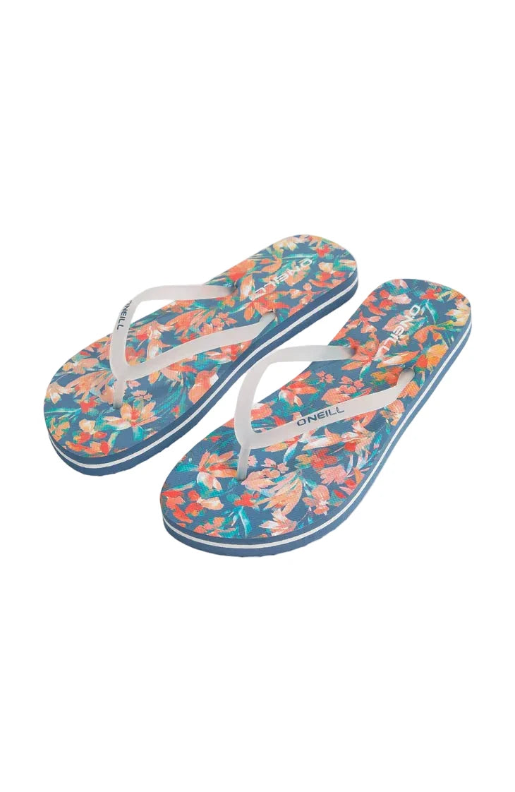Pair of floral flip-flops on a white background