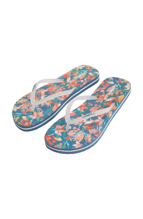 Pair of floral flip-flops on a white background