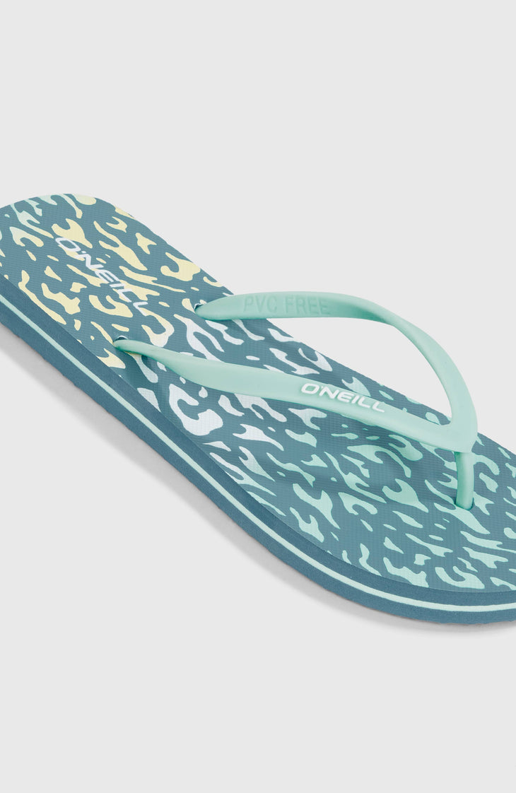 Flip-flop with a patterned sole and green strap on a white background