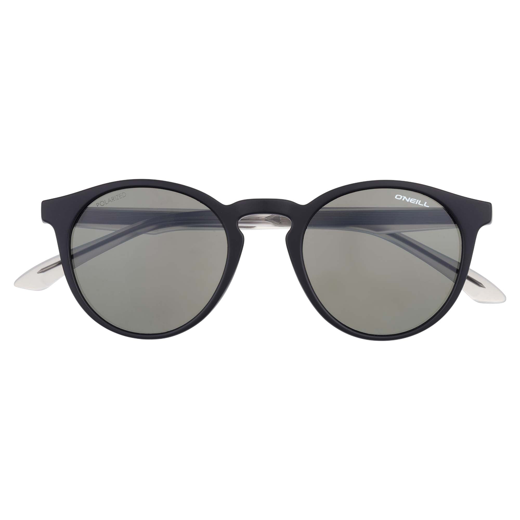 Black sunglasses with reflective lenses on a white background