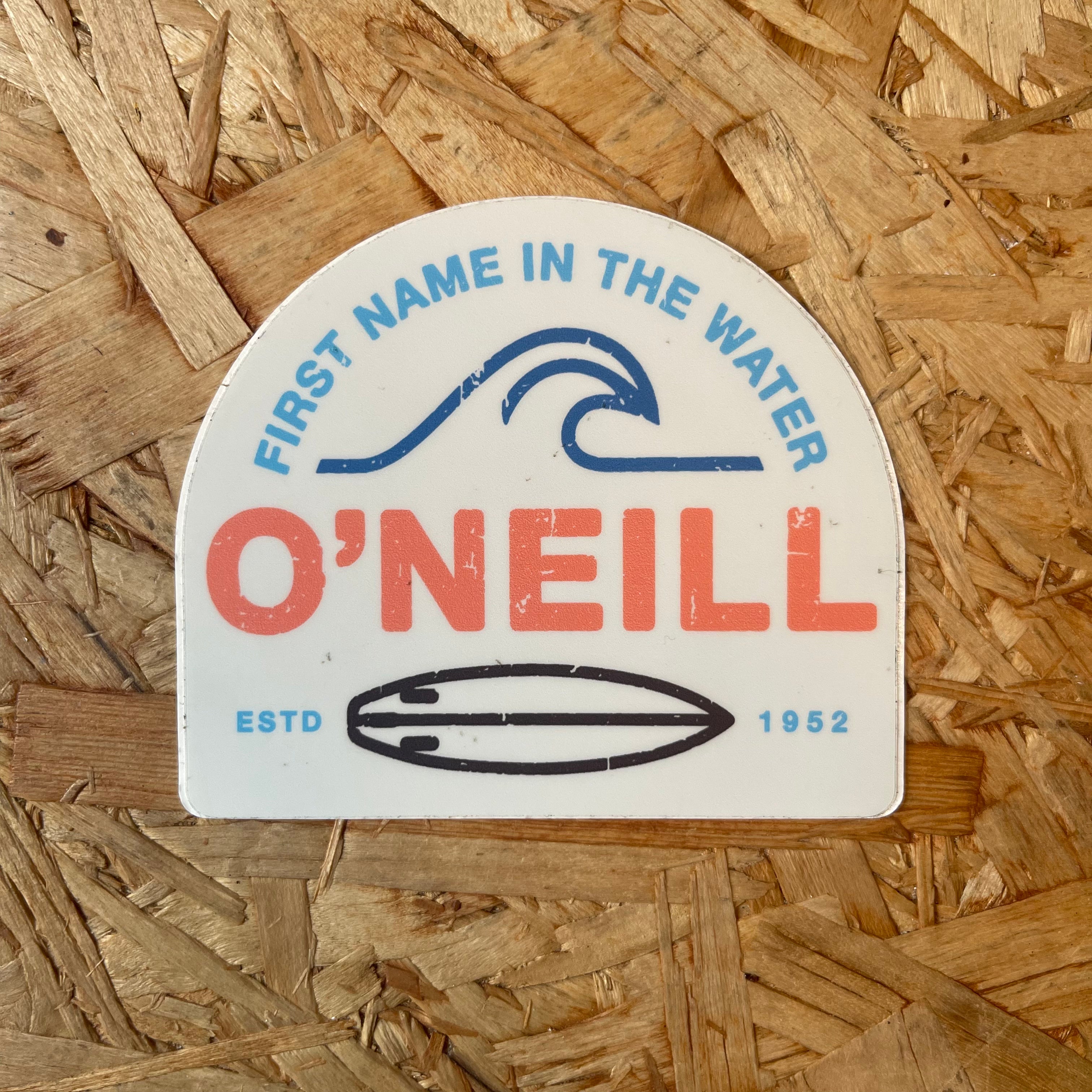 O'Neill brand sticker on a wooden surface