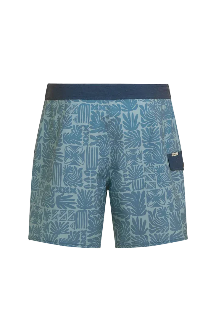 Blue patterned shorts on a white background