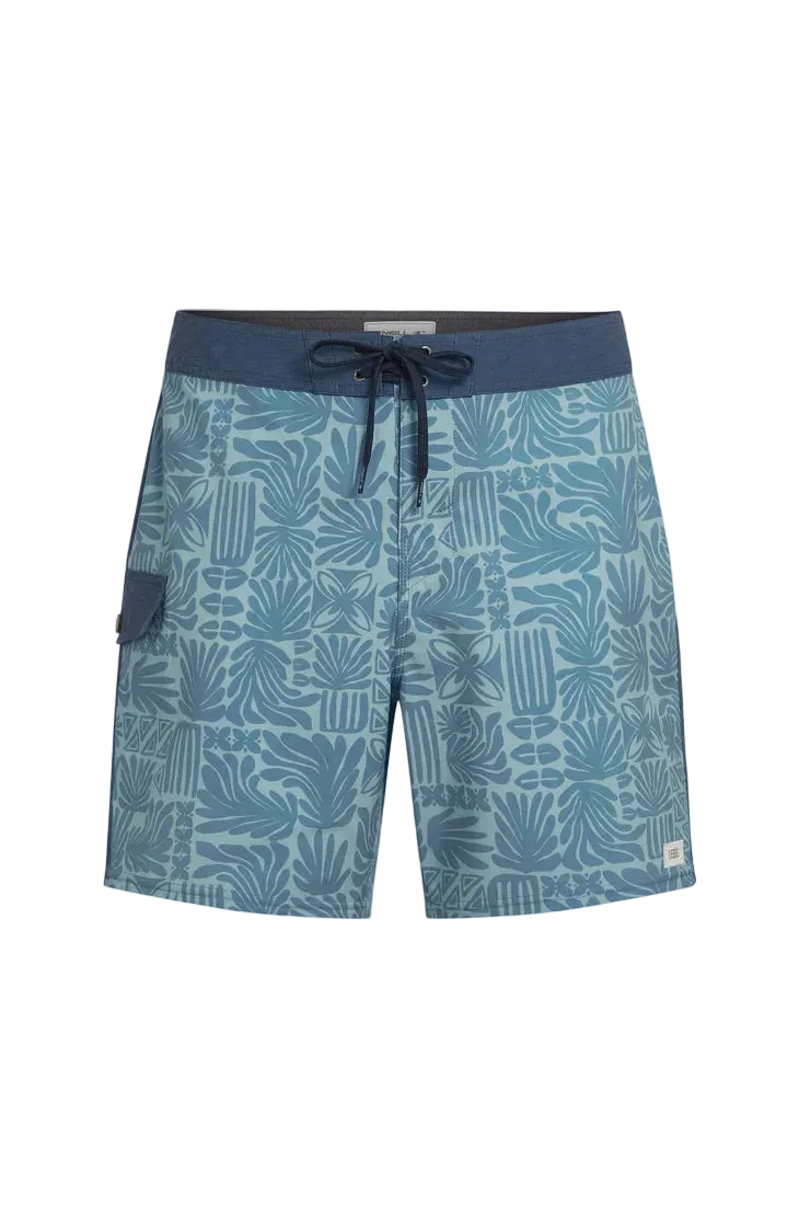 Blue patterned shorts on a white background