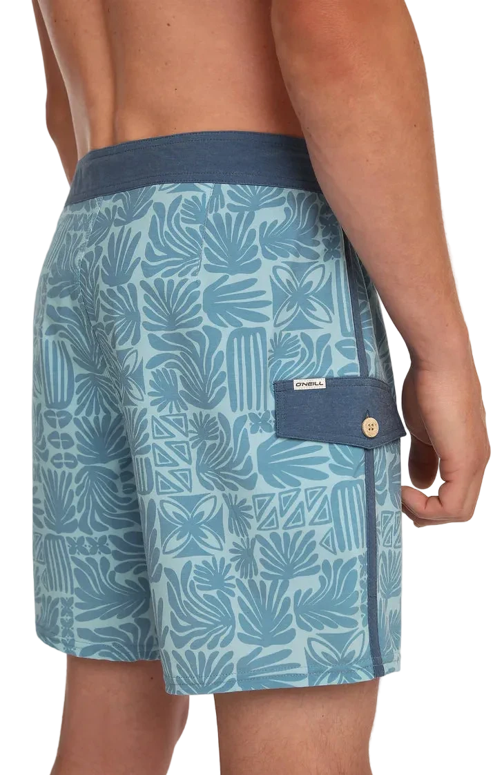 Blue patterned swim shorts with a pocket on a white background