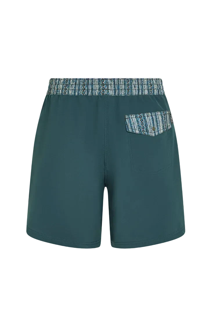 Teal shorts with patterned waistband and pocket on a white background