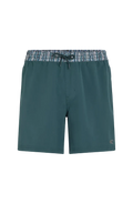 Green shorts with a patterned waistband on a white background