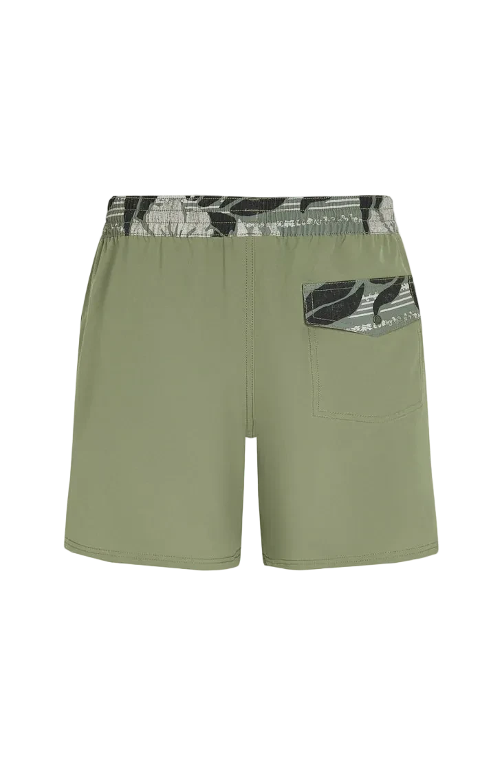 Green shorts with a patterned waistband on a white background