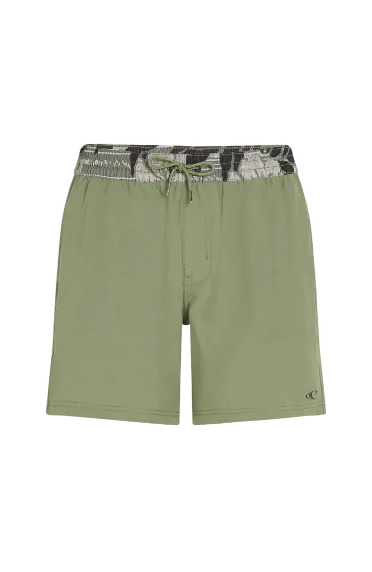Green shorts with a camouflage waistband on a white background