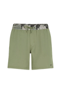 Green shorts with a camouflage waistband on a white background