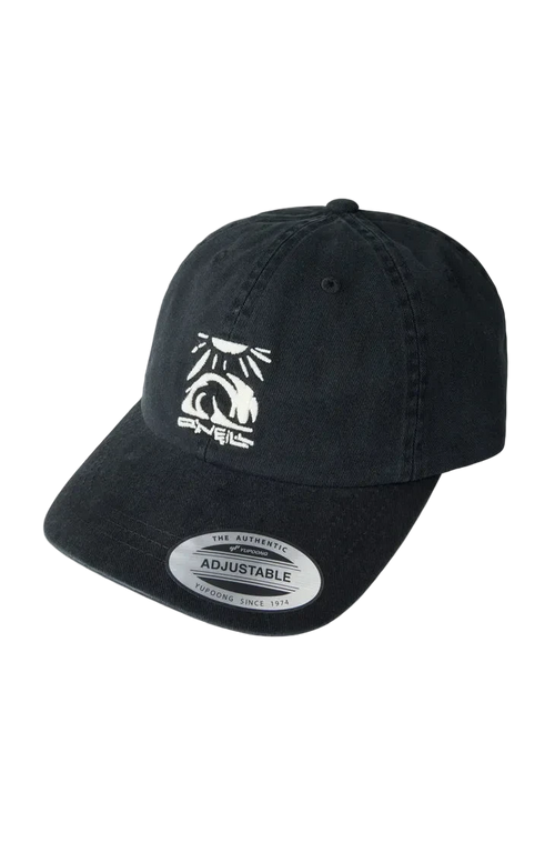 Black cap with a white logo on a light gray background
