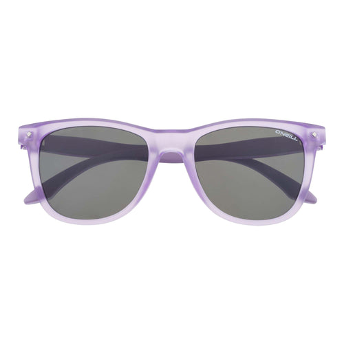Sunglasses with purple frame and dark lenses on a white background